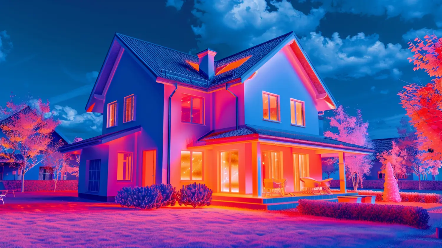 Wärmebild eines Hauses mit Wärmeverlusten